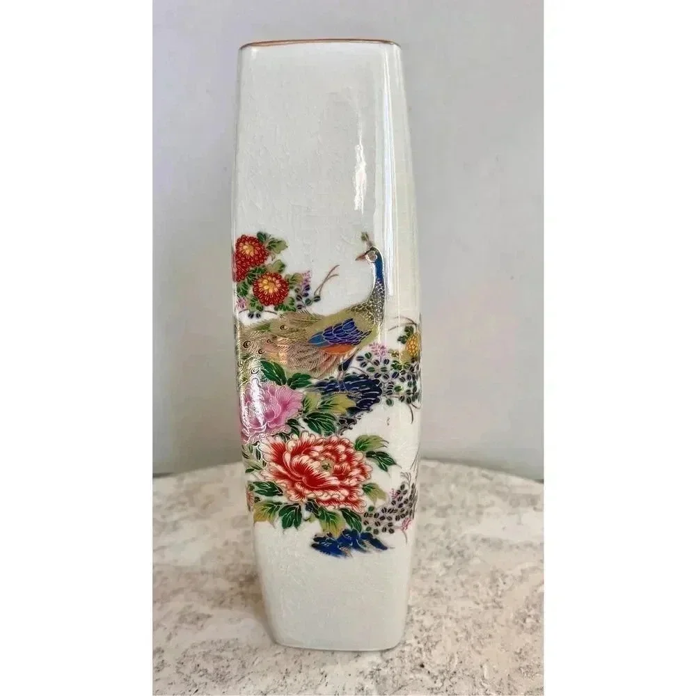 Satsuma Cream Vintage Japanese Peacock Yamahiro Toen Crackle Glass Tapered Vase‎